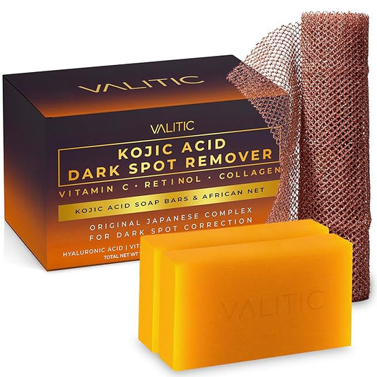 VALITIC Kojic Acid Dark Spot Remover Soap with Turmeric, Vitamin C, Retinol - Original Japanese Complex with Hyaluronic Acid, Vitamin E, Shea Butter, Castile Olive Oil - 2 Pack and African Net Sponge