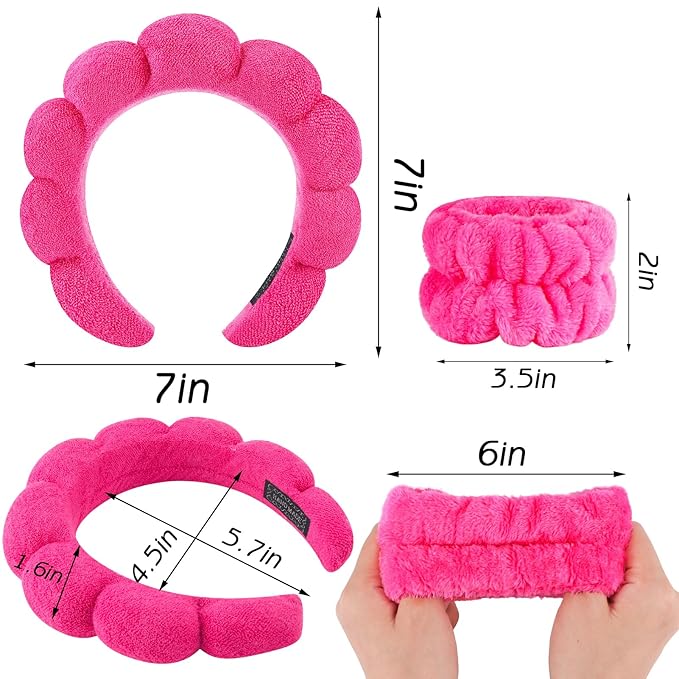 Zkptops Spa Headband for Women Sponge Makeup Skincare Headband Washing Face Wristband Set Terry Cloth Bubble Soft Get Ready Hairband Puffy Padded Headwear Non Slip Thick Hair Accessory(Hot Pink-2)
