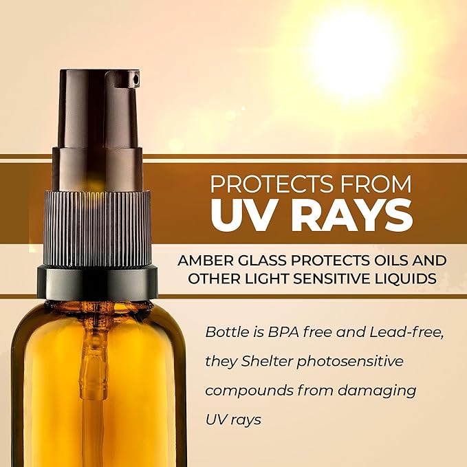 3 Pack Empty Refillable Glass Amber Pump Bottle Ideal for Lotion Cream Essential Oil Travel Small Container, 30ml