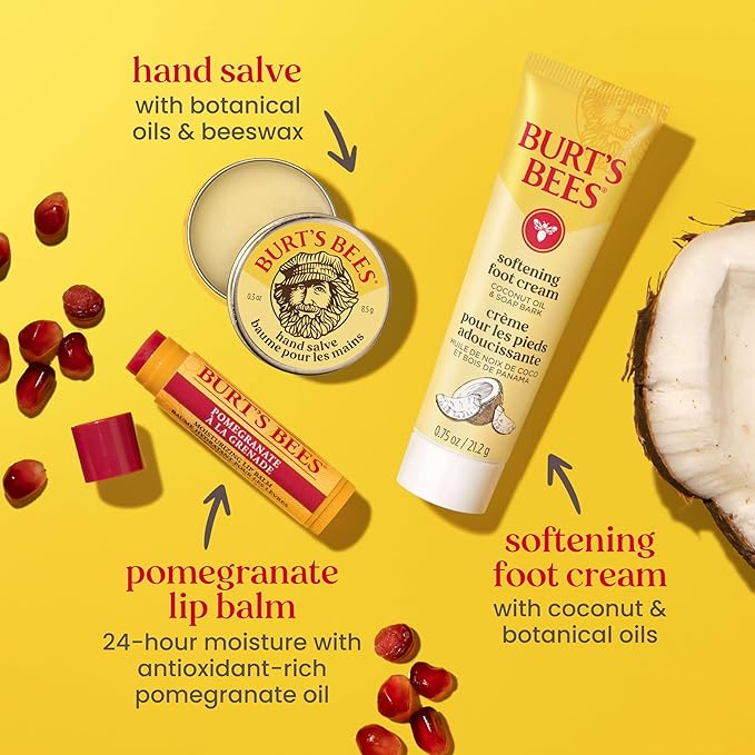 Burt's Bees Christmas Gifts - Tips and Toes Kit, 6 Travel Size Products for Stocking Stuffers - Pomegranate Moisturizing Lip Balm, 2 Hand Creams, Foot Cream, Cuticle Cream, and Hand Salve