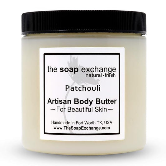 The Soap Exchange Body Butter - Patchouli Scent - Hand Crafted 4 fl oz / 120 ml Natural Artisan Skin Care, Shea Butter, Aloe Vera, Nourish, Moisturize, & Protect. Made in the USA.