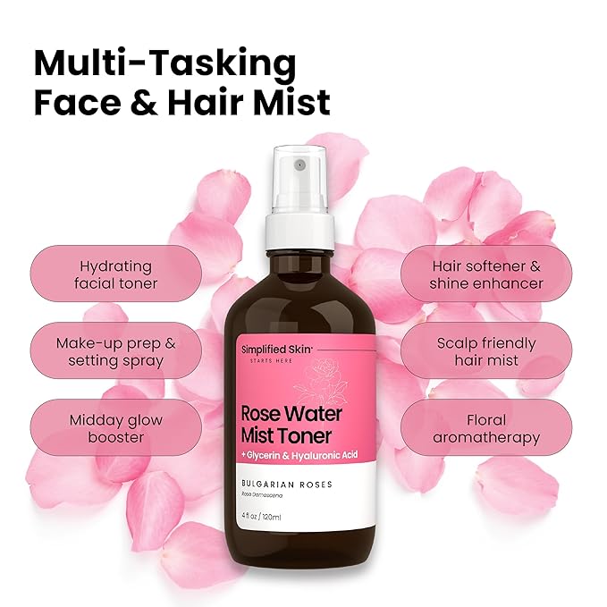 Rosewater and Glycerin Spray – Hydrating & Refreshing Rose Water Spray for Face & Hair – Facial Mist Toner with Hyaluronic Acid to Soothe, Soften, Tone & Prep Skin – Alcohol-Free, 4 Fl Oz