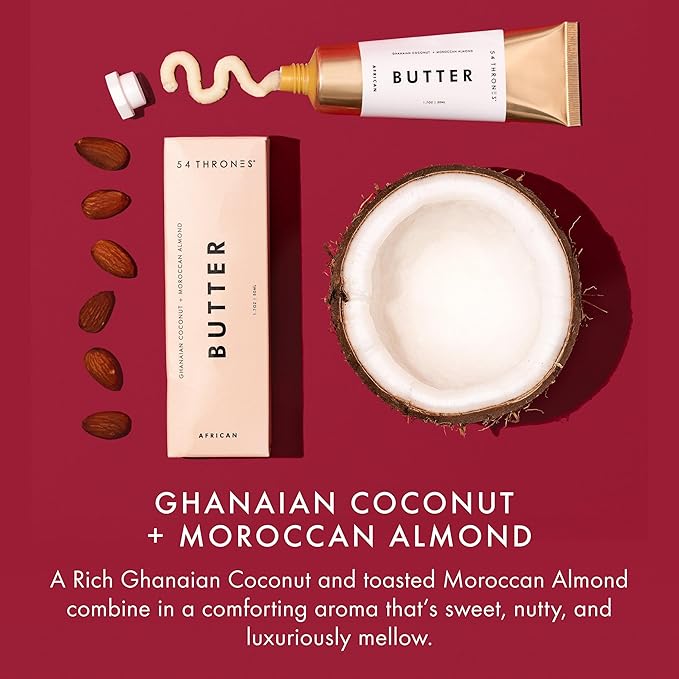 54 Thrones African Beauty Shea Butter, Intensive Dry Skin Support, Moisturizing Body Butter for Women & Men, Moisturizing Body Cream, Locks in Moisture, Ghanaian Coconut + Moroccan Almond, 1.7 oz
