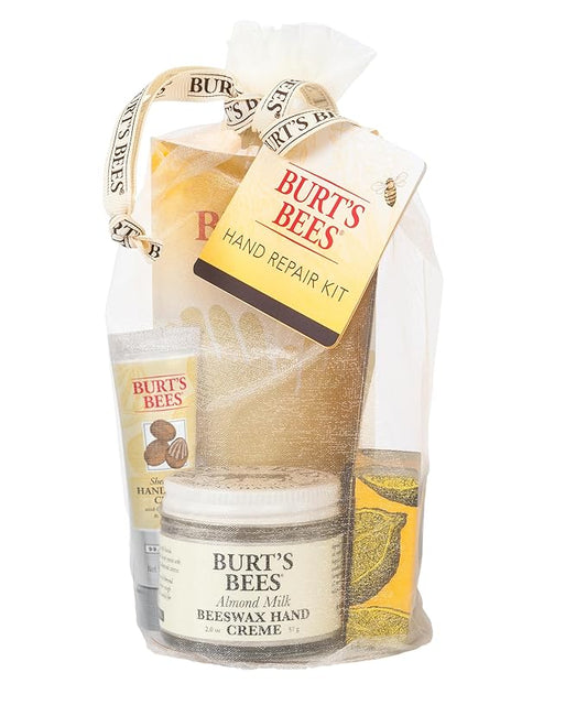 Burt's Bees Christmas Gifts, 3 Body Skincare Stocking Stuffers, Hand Repair Set, 3 Hand Creams plus Gloves - Almond Milk Hand Cream, Lemon Butter Cuticle Cream, Shea Butter Hand Repair Cream