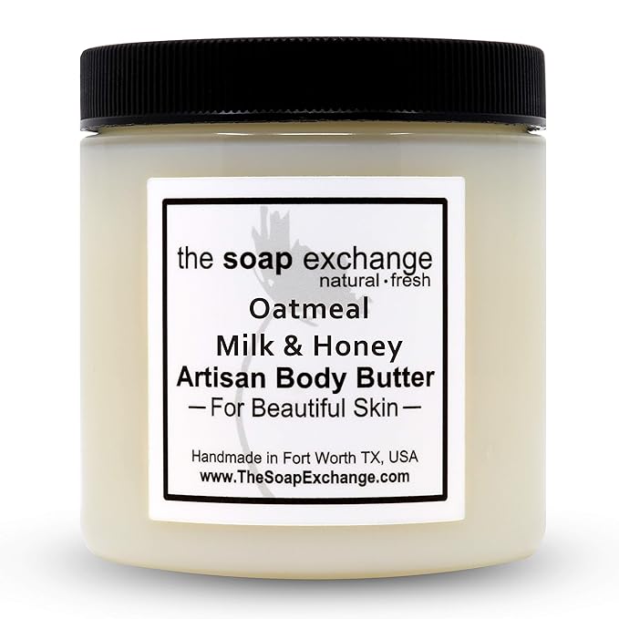 The Soap Exchange Body Butter - Oatmeal, Milk & Honey Scent - Hand Crafted 4 fl oz / 120 ml Natural Artisan Skin Care, Shea Butter, Aloe Vera, Nourish, Moisturize, & Protect. Made in the USA.