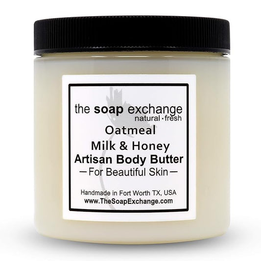 The Soap Exchange Body Butter - Oatmeal, Milk & Honey Scent - Hand Crafted 4 fl oz / 120 ml Natural Artisan Skin Care, Shea Butter, Aloe Vera, Nourish, Moisturize, & Protect. Made in the USA.