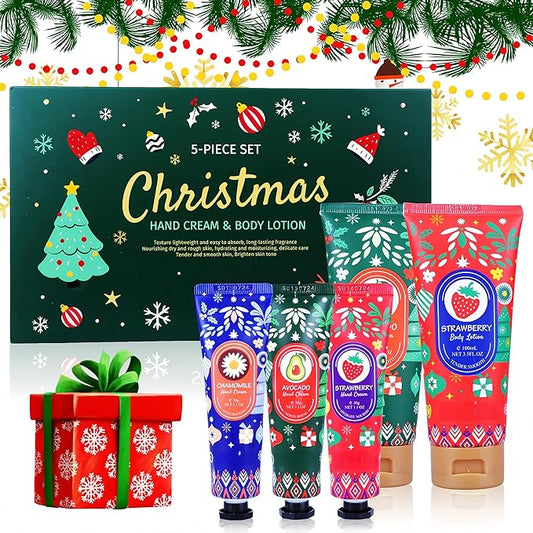 5 Pack Christmas Hand Cream & Body Lotion Gifts Set, Moisturizing Natural Scented Lotion Travel Size for Women, Holiday, Stocking Stuffers, Bridesmaid, Coworkers, Friends, Dry Cracked Hands