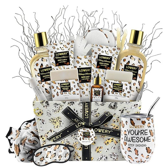 Christmas At-Home Spa Kit with Honey Almond Scent, Bath Gift Basket - Vit E-Rich Bath Essentials, Tumbler, Ear Candles, Bath Oil, Salts, Shower Steamer, Organic Lip Balm & More in Leopard Basket, 21