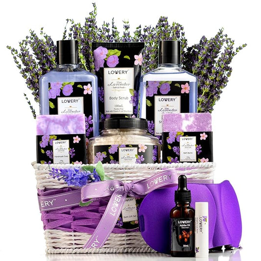 Womens Christmas Gifts – Holiday Gift Baskets for Women, Spa Gifts for Women Who Have Everything – Bath and Body Gifts for Mom, Her Lavender & Lilac Bath Set Soap, Bath Bomb, Jojoba Oil, Lip Balm