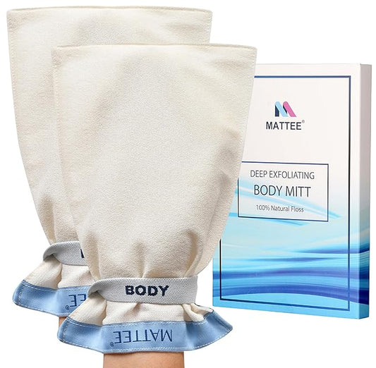 MATTEE - Kessa Glove - 2 Packs of Premium Exfoliating Mitt - Self-Tan Remover - Ensures Smooth and Soft Skin, Helps Avoid Keratosis Pilaris, Ingrown Hair and Cellulite - Natural - Roughness: Medium