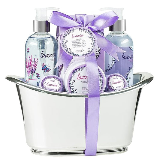 Aromatherapy Essentials Spa Set for Women in Large Silver Tub Bath Set Includes 2 Bath Bombs, Body Lotion, Bath Salts, Shower Gel, and Bubble Bath (Lavender)