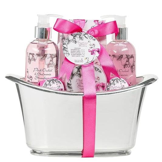 Aromatherapy Essentials Spa Set for Women in Large Silver Tub. Bath Set Includes 2 Bath Bombs, Body Lotion, etc (Pink Orchid and Balsamic Strawberry)