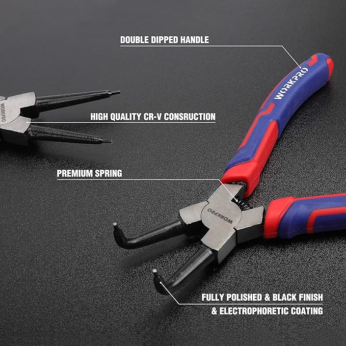 WORKPRO 4-Piece Snap Ring Pliers Set - Heavy Duty 7-inch Internal/External Circlip Pliers Kit (Tip Diameter 5/64'')-Straight/Bent Jaw - Cr-V Steel - For Ring Remover Retaining- Storage Pouch Included